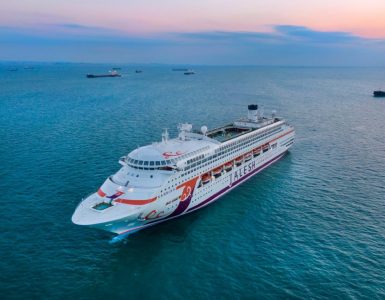 Top View of Cruise Large White Ship At Dubai