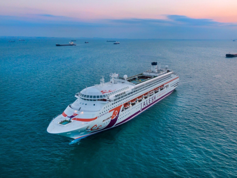 Top View of Cruise Large White Ship At Dubai