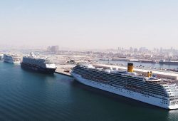 Image Showing A Large White Cruise Ships In Dubai Harbour