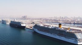 Image Showing A Large White Cruise Ships In Dubai Harbour