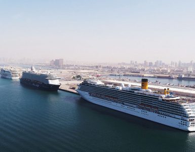 Image Showing A Large White Cruise Ships In Dubai Harbour